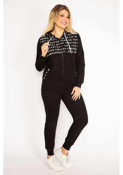 Kadın Siyah Fermuar ve Kapşon Detaylı Baskılı Eşortman Takım 65N34841