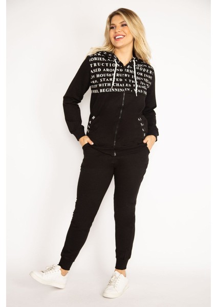 Kadın Siyah Fermuar ve Kapşon Detaylı Baskılı Eşortman Takım 65N34841 fiyatları