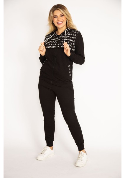 Kadın Siyah Fermuar ve Kapşon Detaylı Baskılı Eşortman Takım 65N34841 modelleri