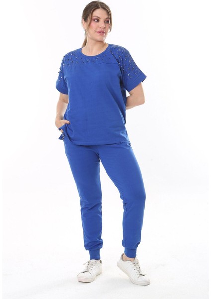 Kadın Büyük Beden Saks Taş Detaylı Kısa Kollu Sweatshirt Pantolon Takım 65N37702 fırsatları