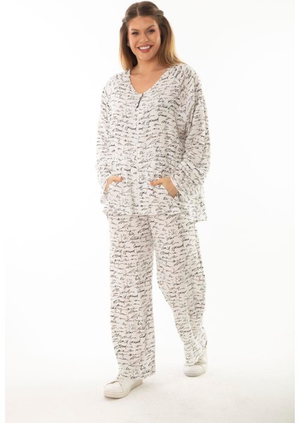 Kadın Büyük Beden Kemik Dokuma Viskon Kumaş Ön Fermuarlı Bluz Pantolon Ikili Takım 65N37005