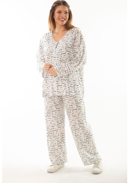 Kadın Büyük Beden Kemik Dokuma Viskon Kumaş Ön Fermuarlı Bluz Pantolon Ikili Takım 65N37005 modelleri