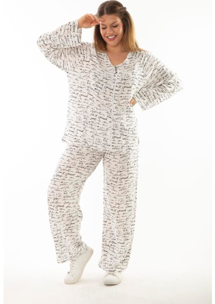 Kadın Büyük Beden Kemik Dokuma Viskon Kumaş Ön Fermuarlı Bluz Pantolon Ikili Takım 65N37005 fırsatları