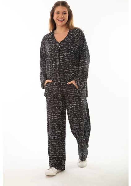 Kadın Büyük Beden Kemik Dokuma Viskon Kumaş Ön Fermuarlı Bluz Pantolon Ikili Takım 65N37005