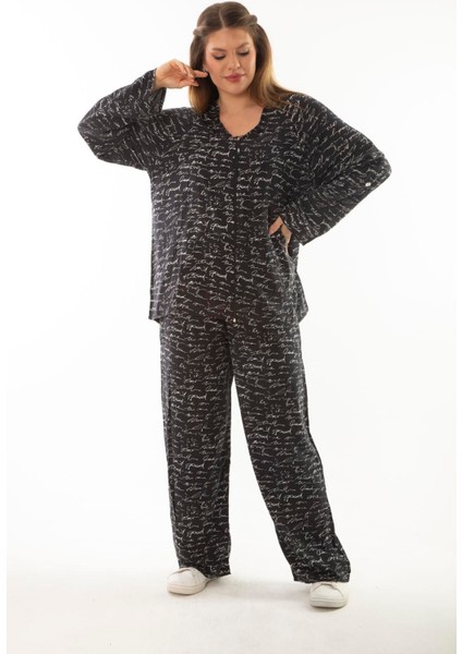 Kadın Büyük Beden Kemik Dokuma Viskon Kumaş Ön Fermuarlı Bluz Pantolon Ikili Takım 65N37005 modelleri