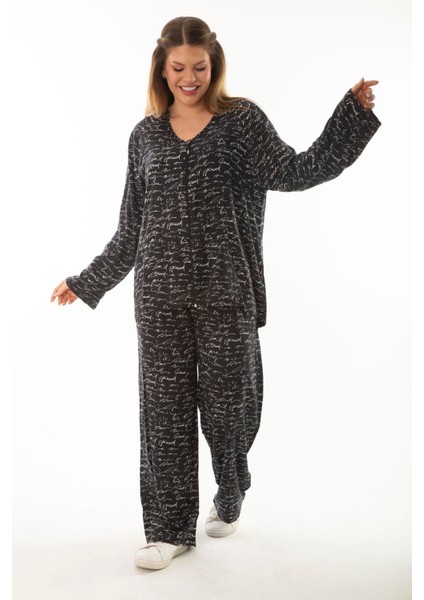 Kadın Büyük Beden Kemik Dokuma Viskon Kumaş Ön Fermuarlı Bluz Pantolon Ikili Takım 65N37005 fırsatları