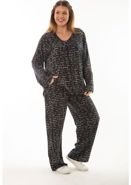 Kadın Büyük Beden Kemik Dokuma Viskon Kumaş Ön Fermuarlı Bluz Pantolon Ikili Takım 65N37005 indirimleri