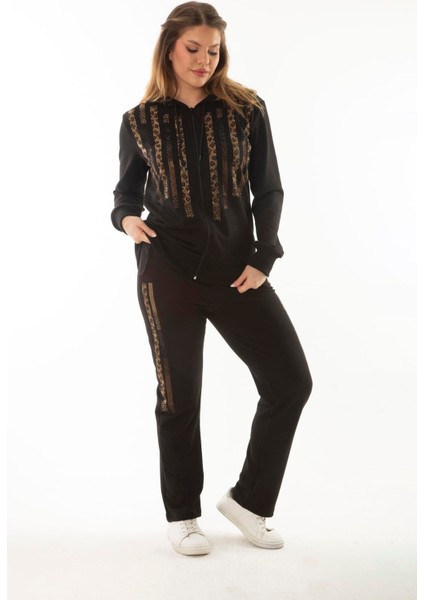Kadın Büyük Beden Siyah Taş Detaylı Kapşonlu Sweatshirt Pantolon Ikili Takım 65N37052