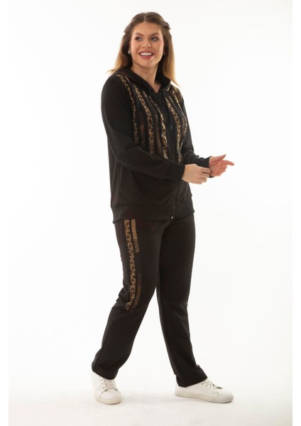 Kadın Büyük Beden Siyah Taş Detaylı Kapşonlu Sweatshirt Pantolon Ikili Takım 65N37052 fiyatları