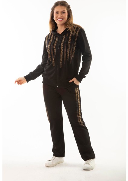Kadın Büyük Beden Siyah Taş Detaylı Kapşonlu Sweatshirt Pantolon Ikili Takım 65N37052 fırsatları