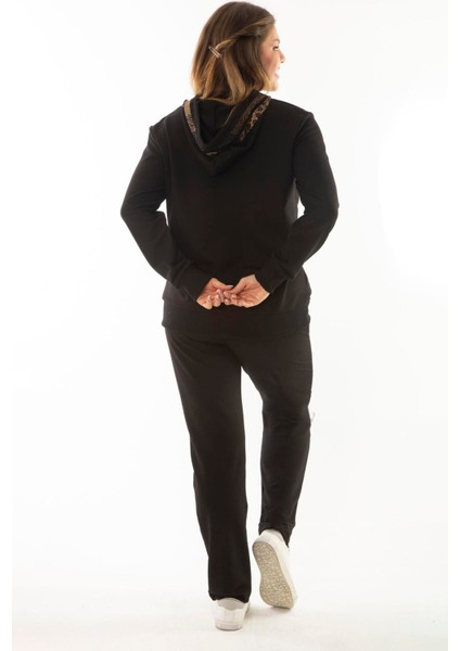 Kadın Büyük Beden Siyah Taş Detaylı Kapşonlu Sweatshirt Pantolon Ikili Takım 65N37052 indirimleri