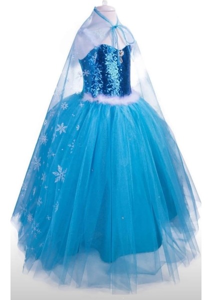 Bahar Tasarım ve Moda Mavi Elsa Frozen Uzun Pelerinli Askılı Kostüm