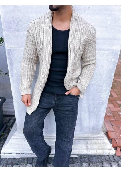 Hırka Kalın Örgü Şal Yaka Cepli Panço Triko Hırka Kapamasız