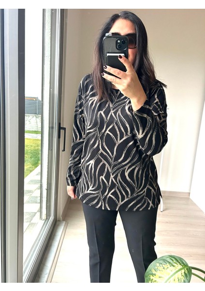 Kadın Büyük Beden Baskılı Sim Detaylı Bluz -BGB64