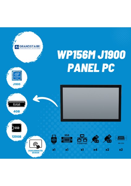 Grandstarr WP156M 15.6''HD J1900/4GB/120SSD Panel Pc - Kiosk Pc - Freedos