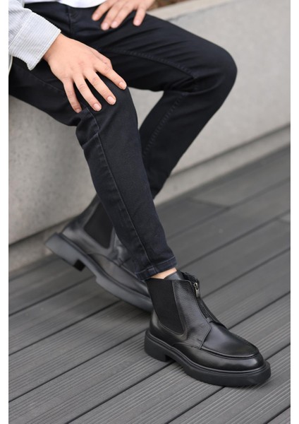 - Siyah Deri Fermuarlı Erkek Bot 250-085