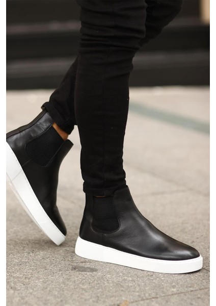 - Siyah Deri Erkek Chelsea Bot - Beyaz Taban - 250-041