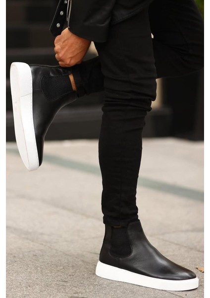 - Siyah Deri Erkek Chelsea Bot - Beyaz Taban - 250-041 modelleri