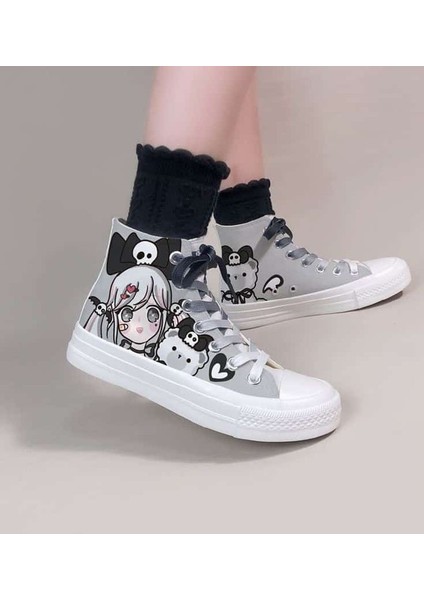 Gri Ful Baskılı Anime Baskılı Çocuk Spor Ayakkabı Sneaker