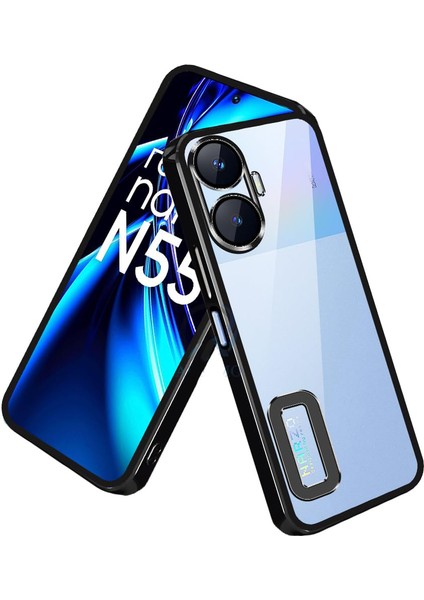 Realme C55 Kapak Yanları Renkli Lens Korumalı Logo Gösteren Şeffaf Luxury Silikon Kılıf - Siyah