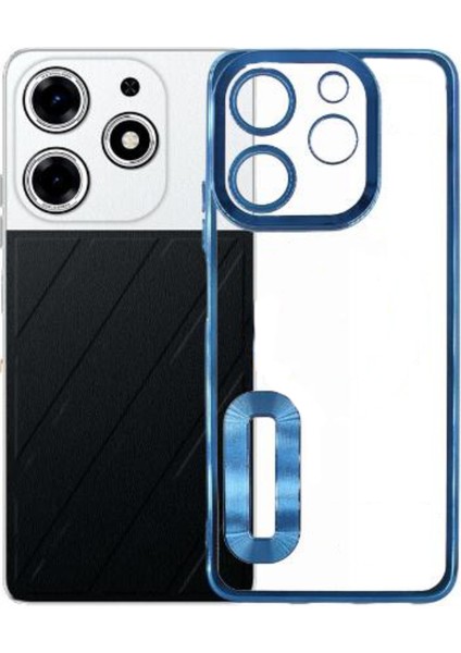 Tecno Spark 10 Pro Kapak Yanları Renkli Lens Korumalı Logo Gösteren Şeffaf Luxury Silikon Kılıf - Mavi