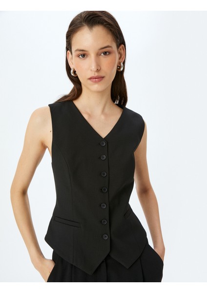 Kruvaze V Yaka Düğmeli Blazer Yelek