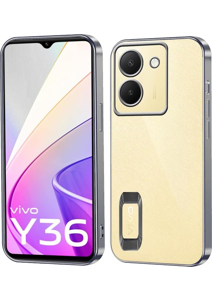 Vivo Y36 Kapak Yanları Renkli Lens Korumalı Logo Gösteren Şeffaf Luxury Silikon Kılıf - Gümüş