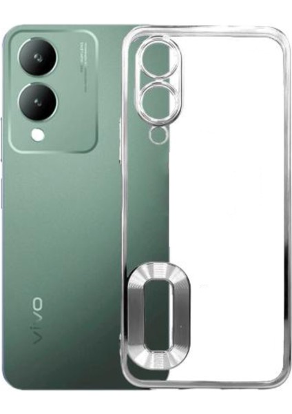 Vivo Y17S Kapak Yanları Renkli Lens Korumalı Logo Gösteren Şeffaf Luxury Silikon Kılıf - Gümüş