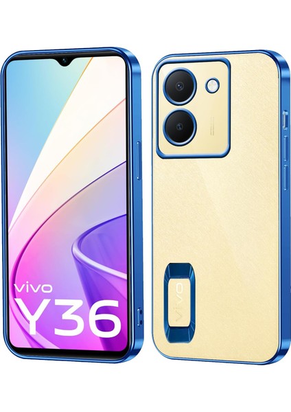 Vivo Y36 Kapak Yanları Renkli Lens Korumalı Logo Gösteren Şeffaf Luxury Silikon Kılıf - Mavi