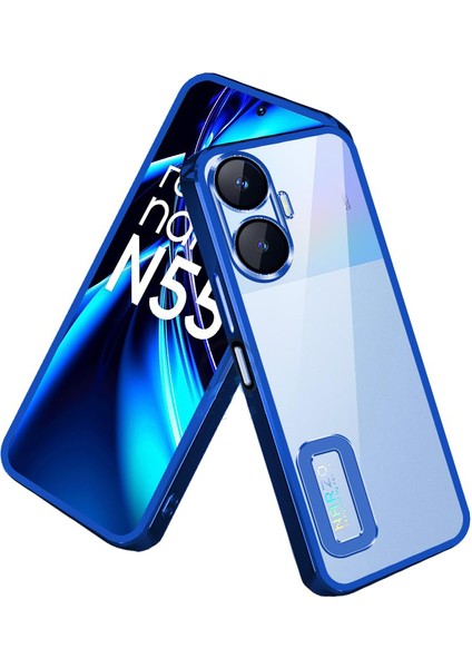 Realme C55 Kapak Yanları Renkli Lens Korumalı Logo Gösteren Şeffaf Luxury Silikon Kılıf - Mavi