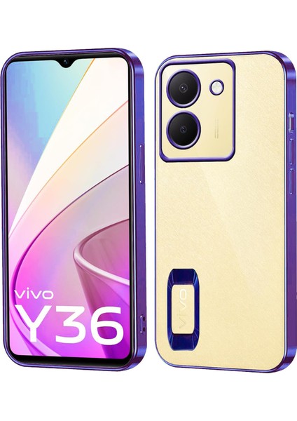 Vivo Y36 Kapak Yanları Renkli Lens Korumalı Logo Gösteren Şeffaf Luxury Silikon Kılıf - Mor