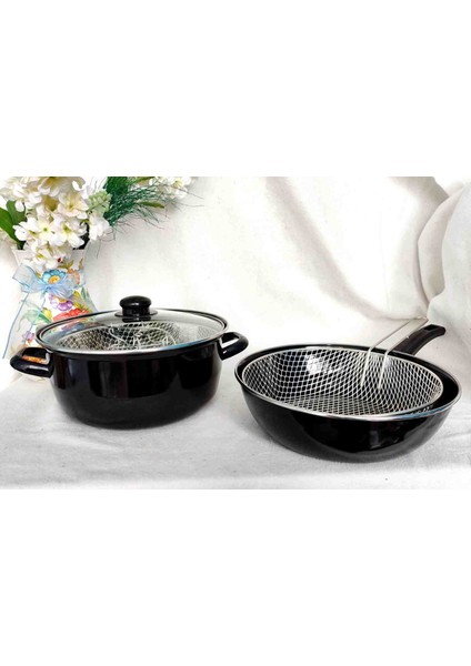 Ikili Set 26 cm Siyah Emaye Wok Tava Kızartma Tenceresi Fritoz