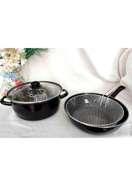 Ikili Set 26 cm Siyah Emaye Wok Tava Kızartma Tenceresi Fritoz