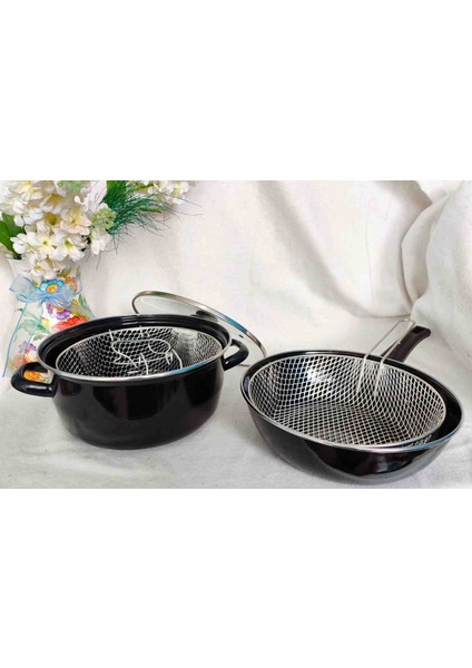 Ikili Set 26 cm Siyah Emaye Wok Tava Kızartma Tenceresi Fritoz