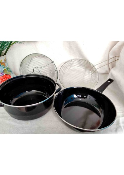 Ikili Set 26 cm Siyah Emaye Wok Tava Kızartma Tenceresi Fritoz