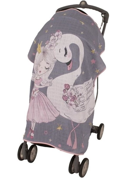 Pano Baskılı Müslin Bebek Arabası Örtüsü ART-315 Kuğu