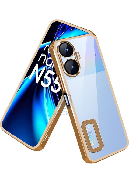 Realme C55 Kapak Yanları Renkli Lens Korumalı Logo Gösteren Şeffaf Luxury Silikon Kılıf - Gold