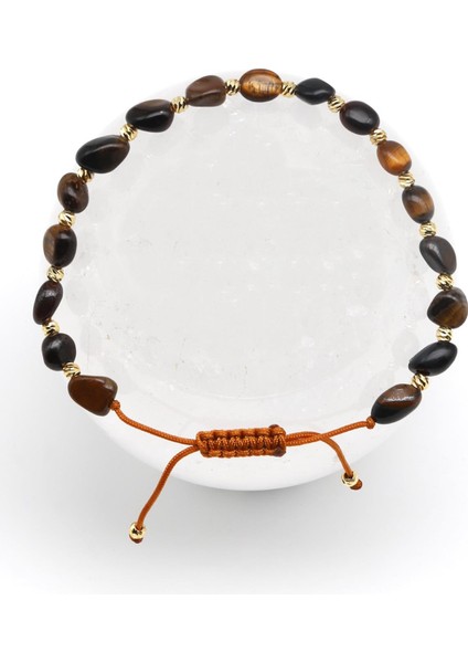Kaplan Gözü Doğal Taş Makrome Örme Bileklik Mercimek Kesim