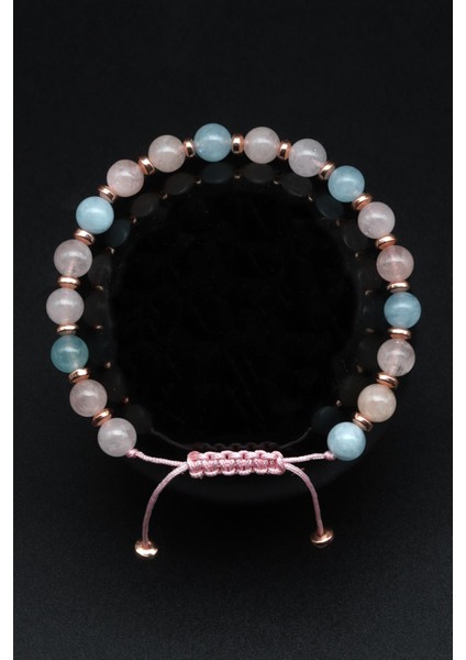 Akuamarin-Morganit Doğal Taş Makrome Örme Bileklik Küre Kesim