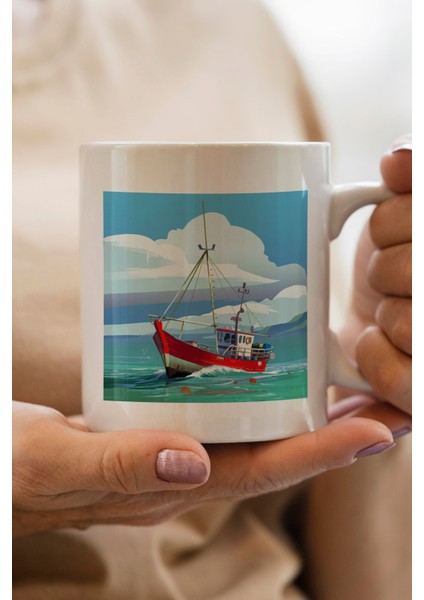 Okyanus ve Tekne Baskılı Premium Yılbaşı Hediyesi Kupa Bardak