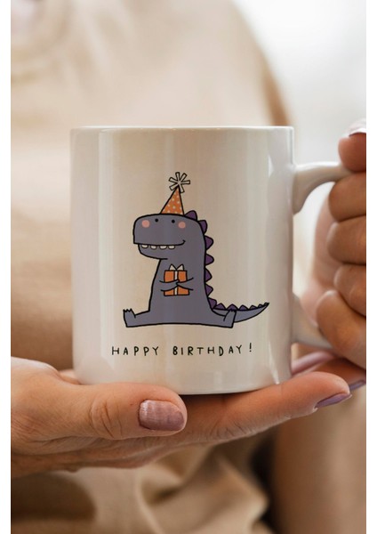 Happy Birthday Yazılı Dinozor Baskılı Yılbaşı Hediyesi Kupa Bardak
