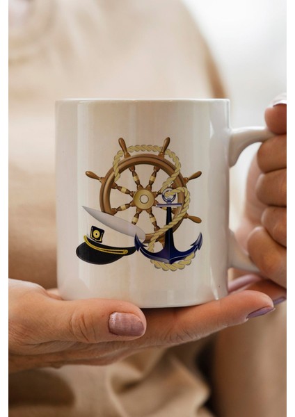 Kaptan Şapkası Dümen ve Çapa Baskılı Yılbaşı Hediyesi Kupa Bardak