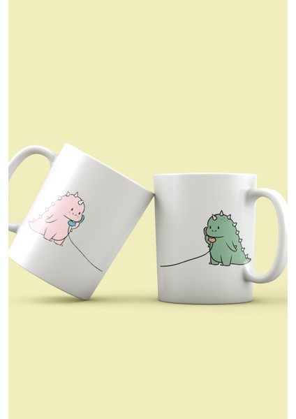 Dinozor Baskılı Couple Birbirini Tamamlayan Premium Yılbaşı Hediyesi Kupa Bardak