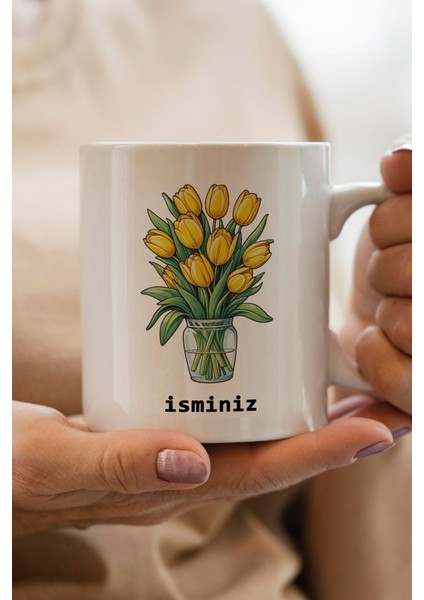 Sarı Laleler Baskılı Kişiye Özel Isimli Yılbaşı Hediyesi Kupa Bardak