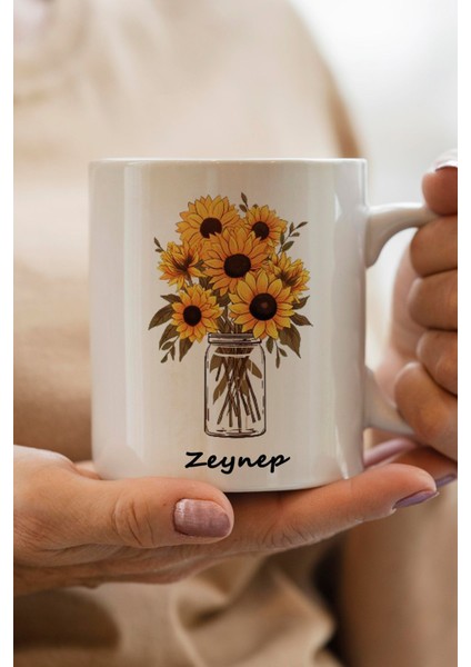 Vazoda Ayçiçeği Baskılı Kişiye Özel Isimli Yılbaşı Hediyesi Kupa Bardak