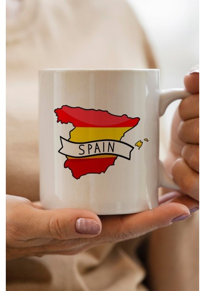 Spain- Ispanya Bayrağı Harita Baskılı Yılbaşı Hediyesi Kupa Bardak