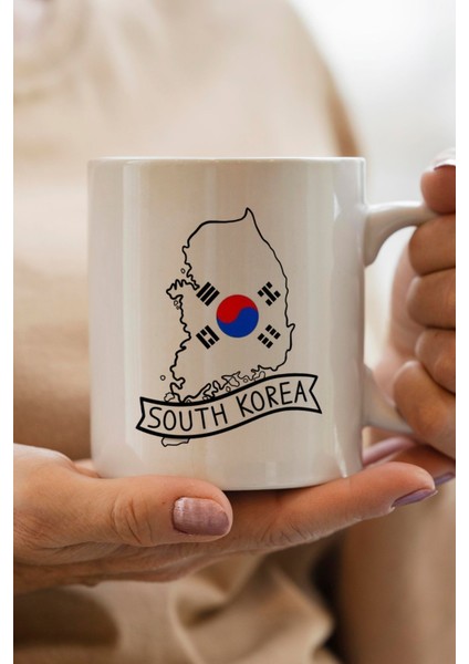 South Korea- Güney Kore Bayrağı Harita Baskılı Yılbaşı Hediyesi Kupa Bardak