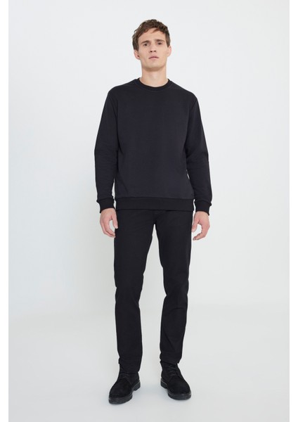 Erkek Siyah Standart Fit Normal Kesim Bisiklet Yaka 3 Iplik Pamuklu Sweatshirt