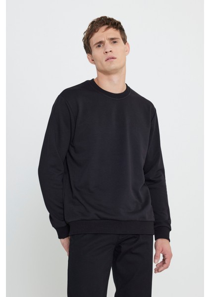 Erkek Siyah Standart Fit Normal Kesim Bisiklet Yaka 3 Iplik Pamuklu Sweatshirt fiyatları