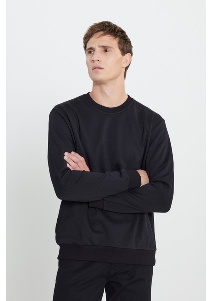 Erkek Siyah Standart Fit Normal Kesim Bisiklet Yaka 3 Iplik Pamuklu Sweatshirt modelleri